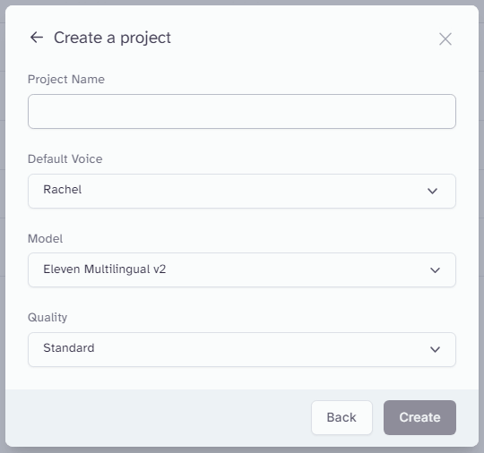 Elevenlabs project settings screenshot